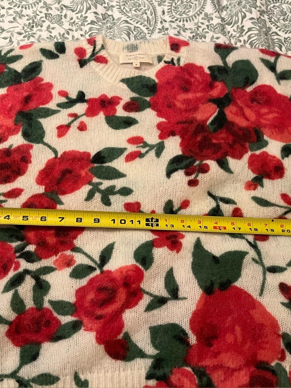 Sezane Cream Crewneck Sweater with Red Rose Print - Picture 3 of 5